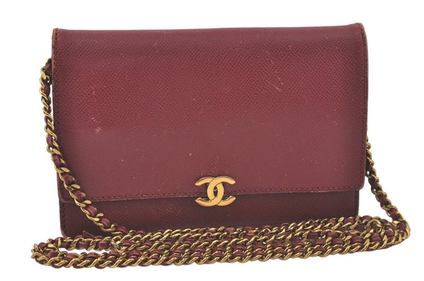 Authentic CHANEL Calf Skin CC Logo Shoulder Long Wallet Chain Bordeaux 7543K