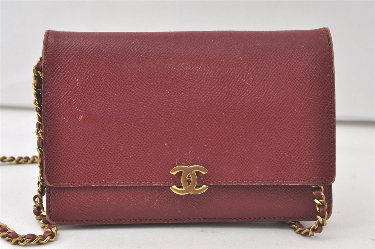 Authentic CHANEL Calf Skin CC Logo Shoulder Long Wallet Chain Bordeaux 7543K