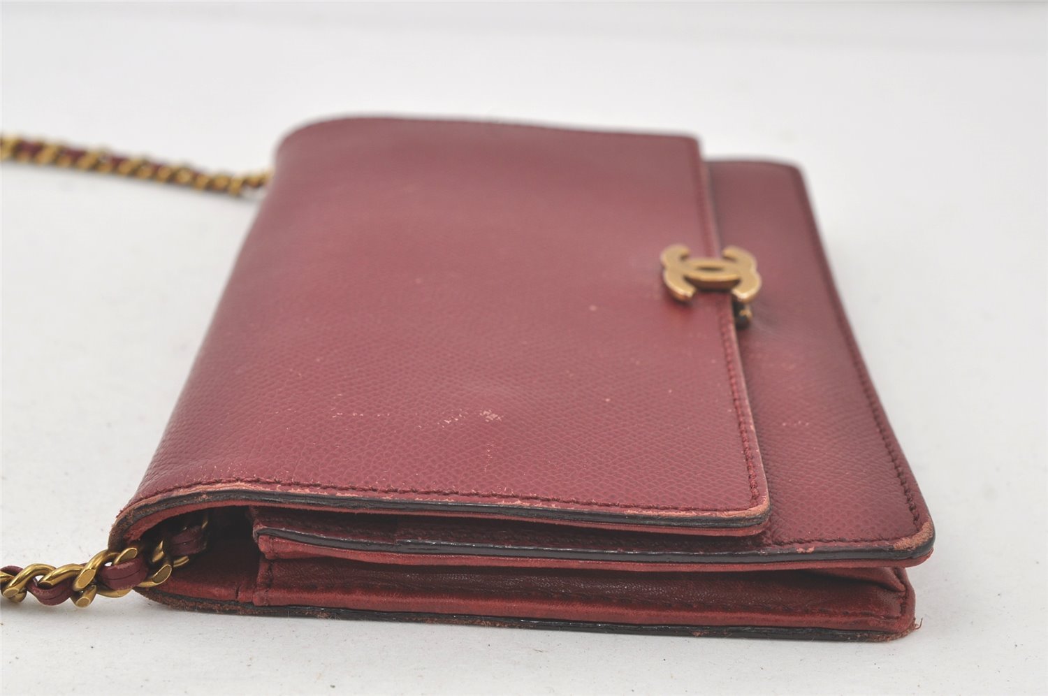 Authentic CHANEL Calf Skin CC Logo Shoulder Long Wallet Chain Bordeaux 7543K