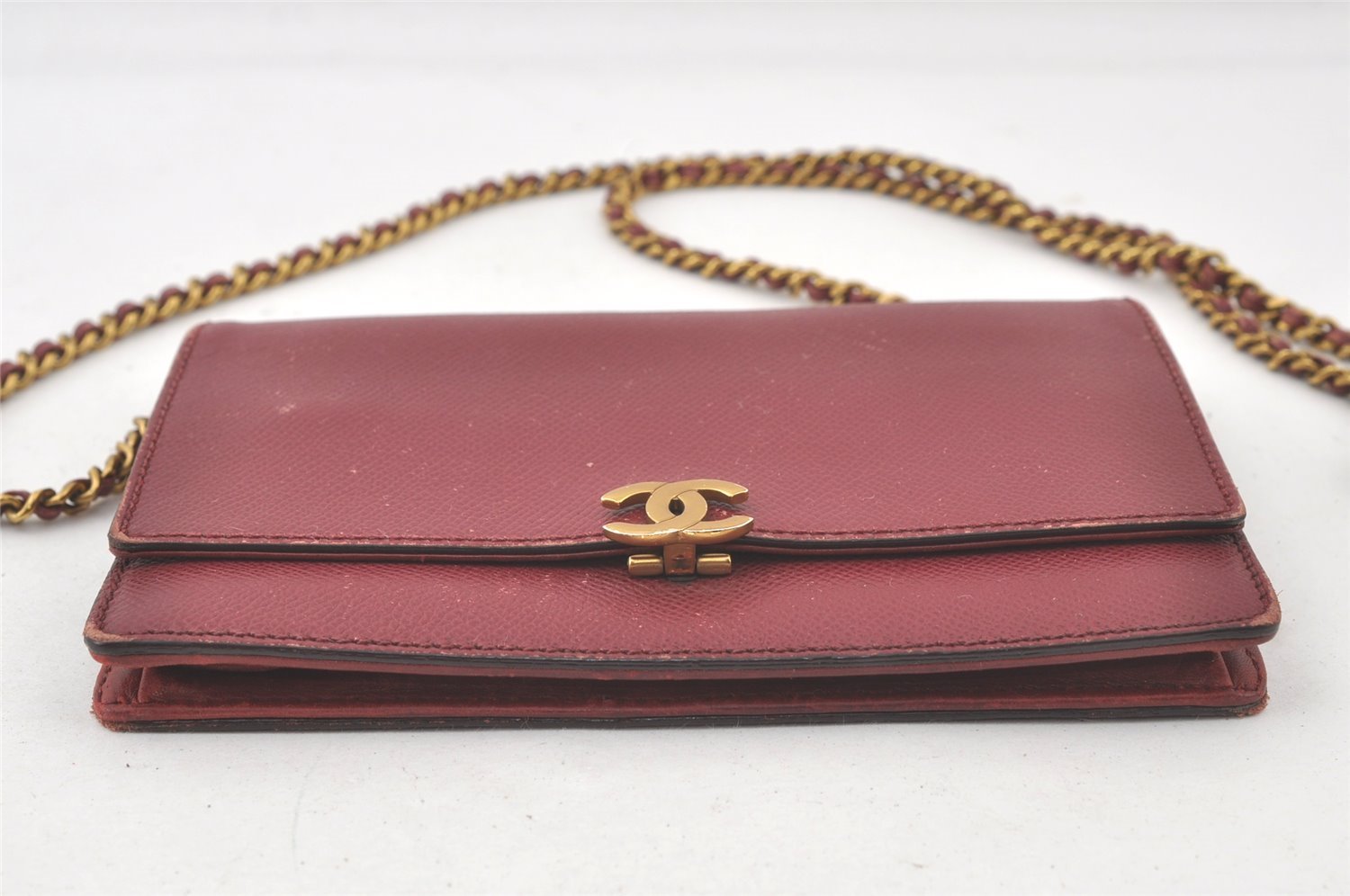 Authentic CHANEL Calf Skin CC Logo Shoulder Long Wallet Chain Bordeaux 7543K