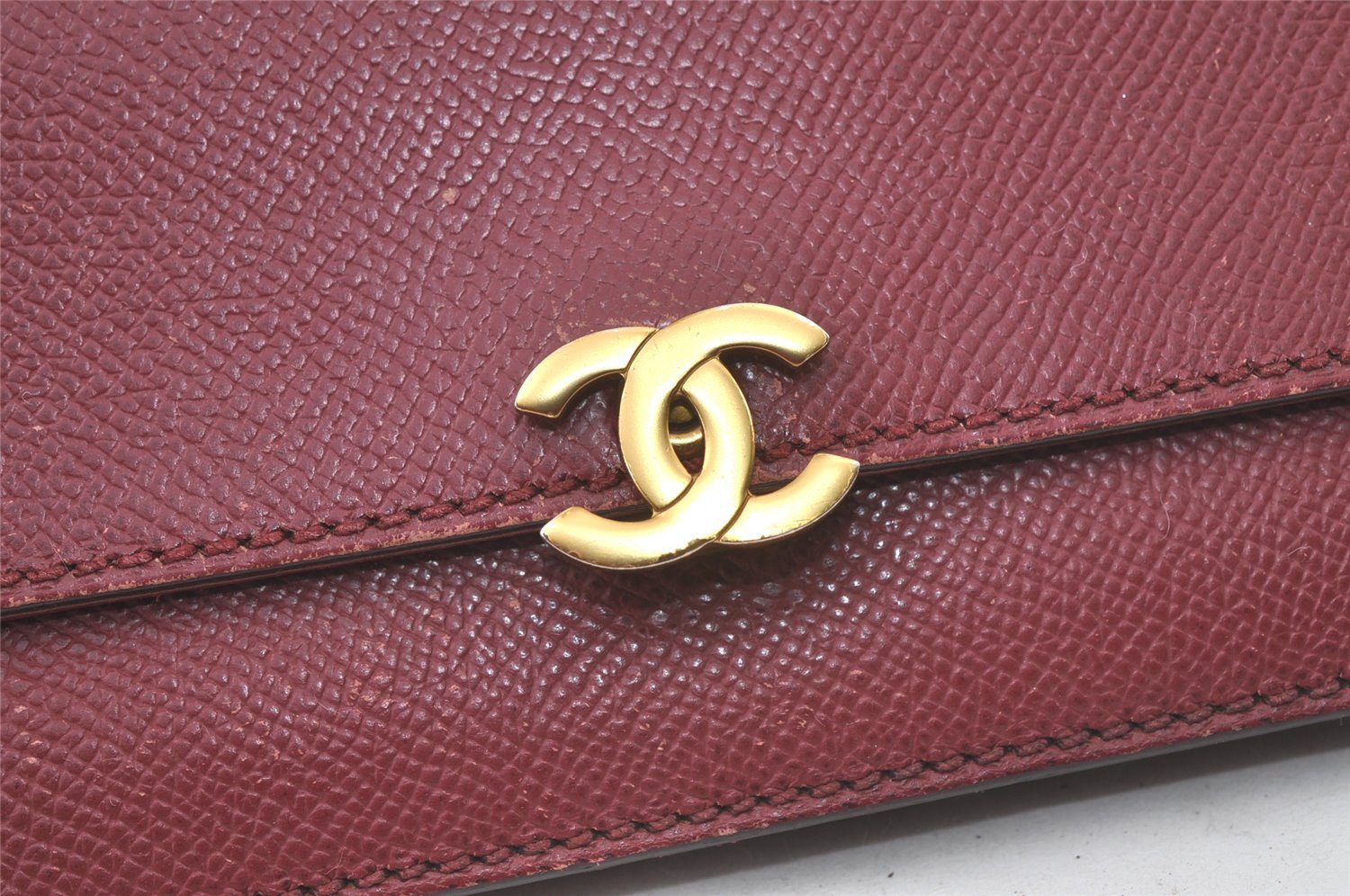 Authentic CHANEL Calf Skin CC Logo Shoulder Long Wallet Chain Bordeaux 7543K