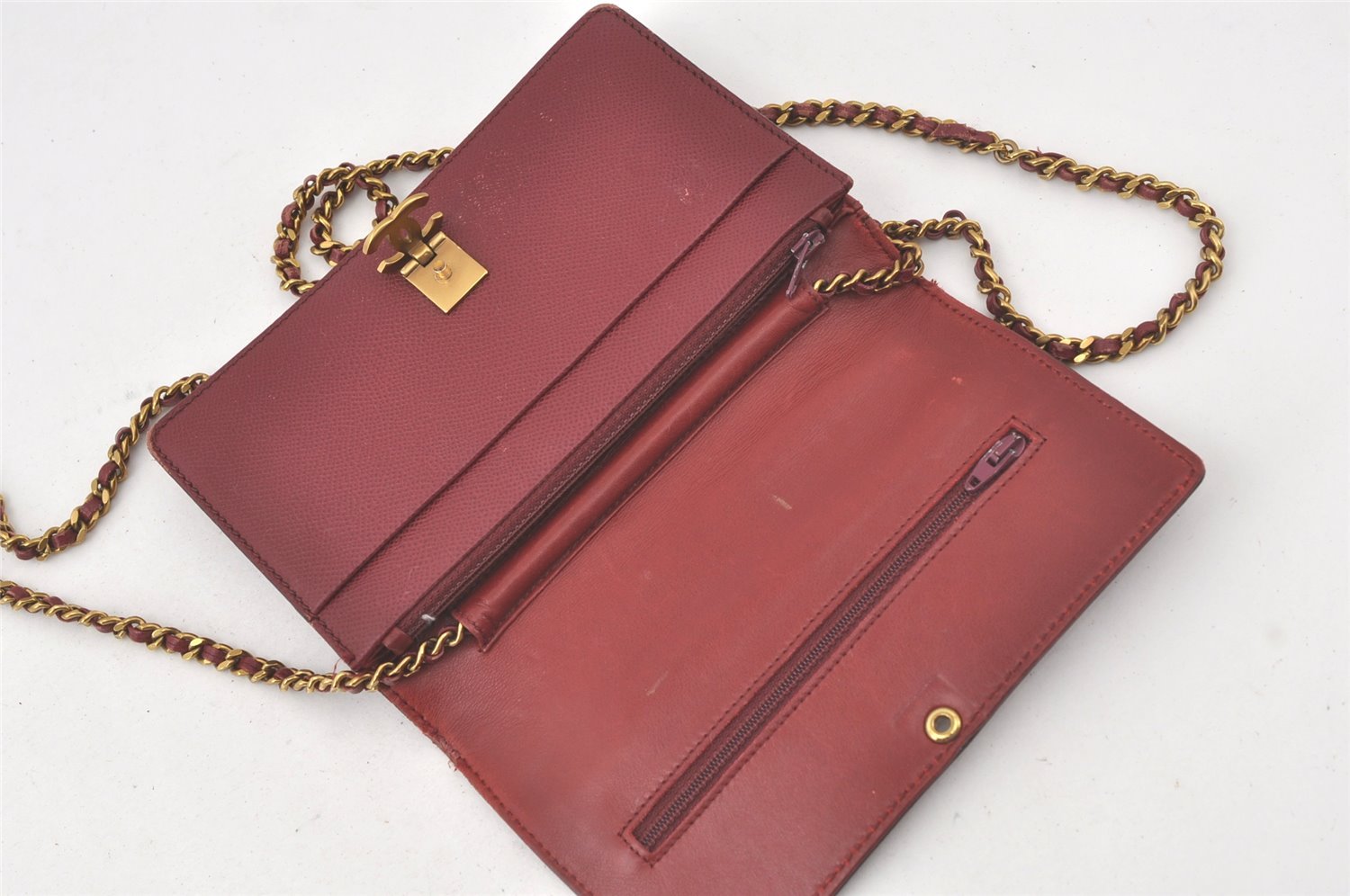 Authentic CHANEL Calf Skin CC Logo Shoulder Long Wallet Chain Bordeaux 7543K