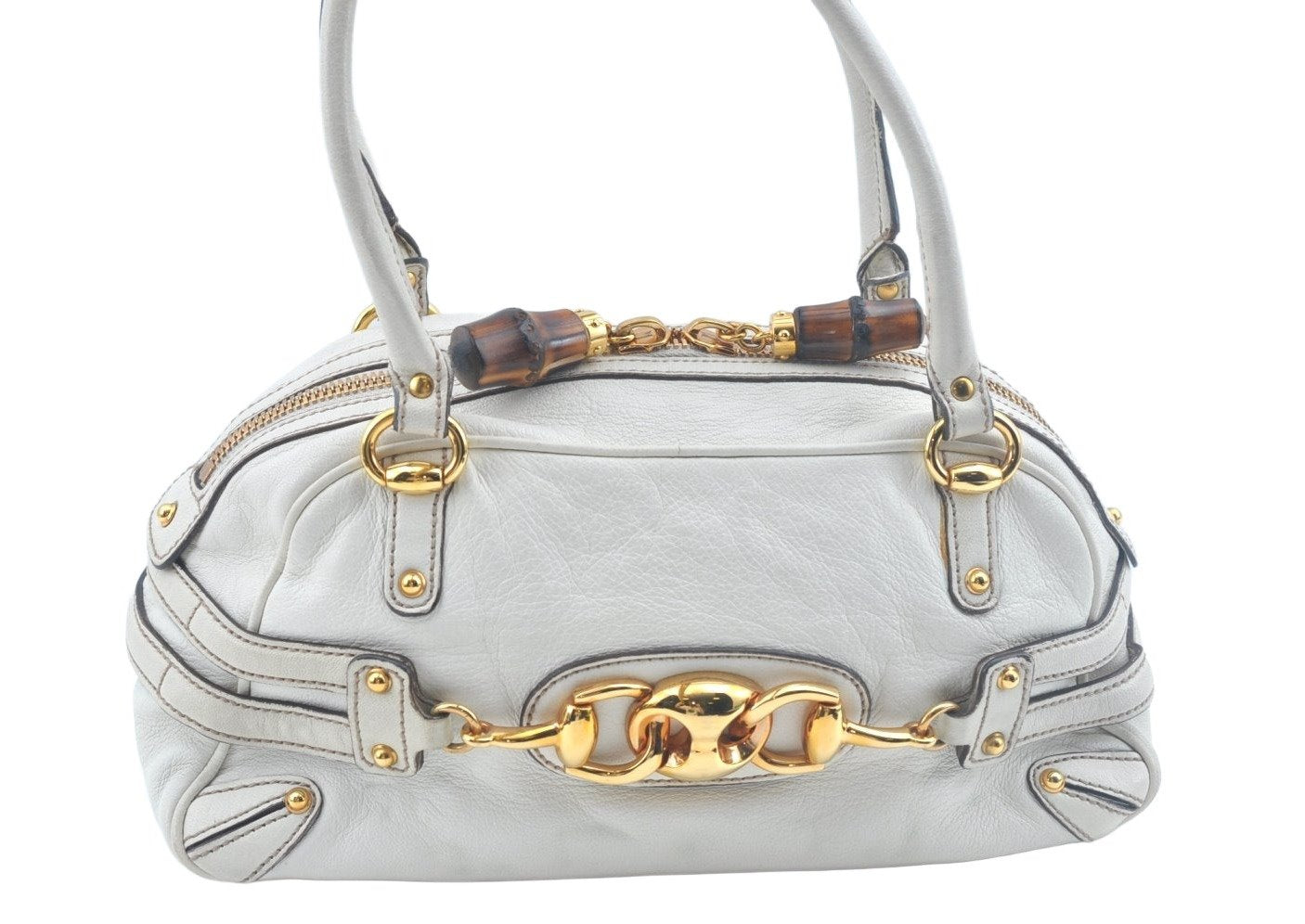 Authentic GUCCI Bamboo Horsebit Shoulder Hand Bag Leather 159399 White 7545I