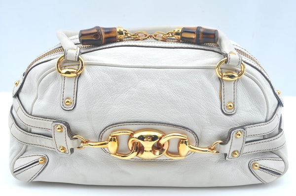 Authentic GUCCI Bamboo Horsebit Shoulder Hand Bag Leather 159399 White 7545I