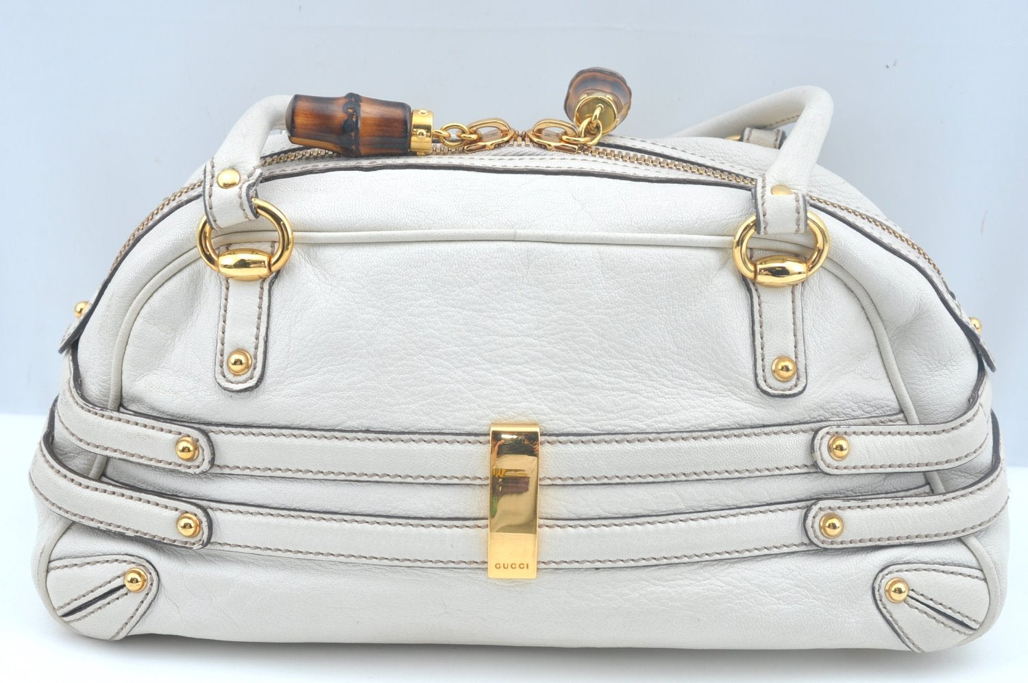 Authentic GUCCI Bamboo Horsebit Shoulder Hand Bag Leather 159399 White 7545I