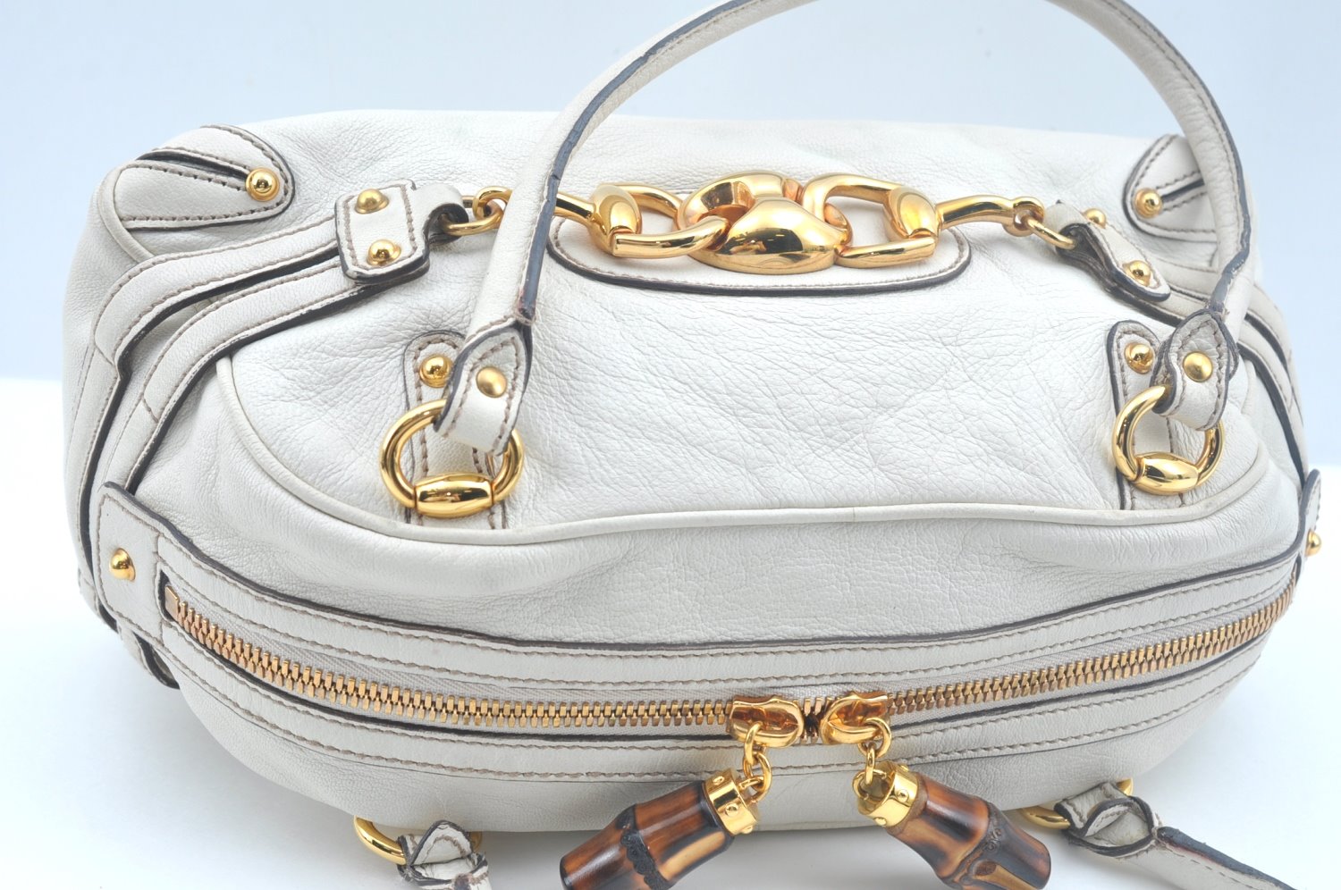 Authentic GUCCI Bamboo Horsebit Shoulder Hand Bag Leather 159399 White 7545I