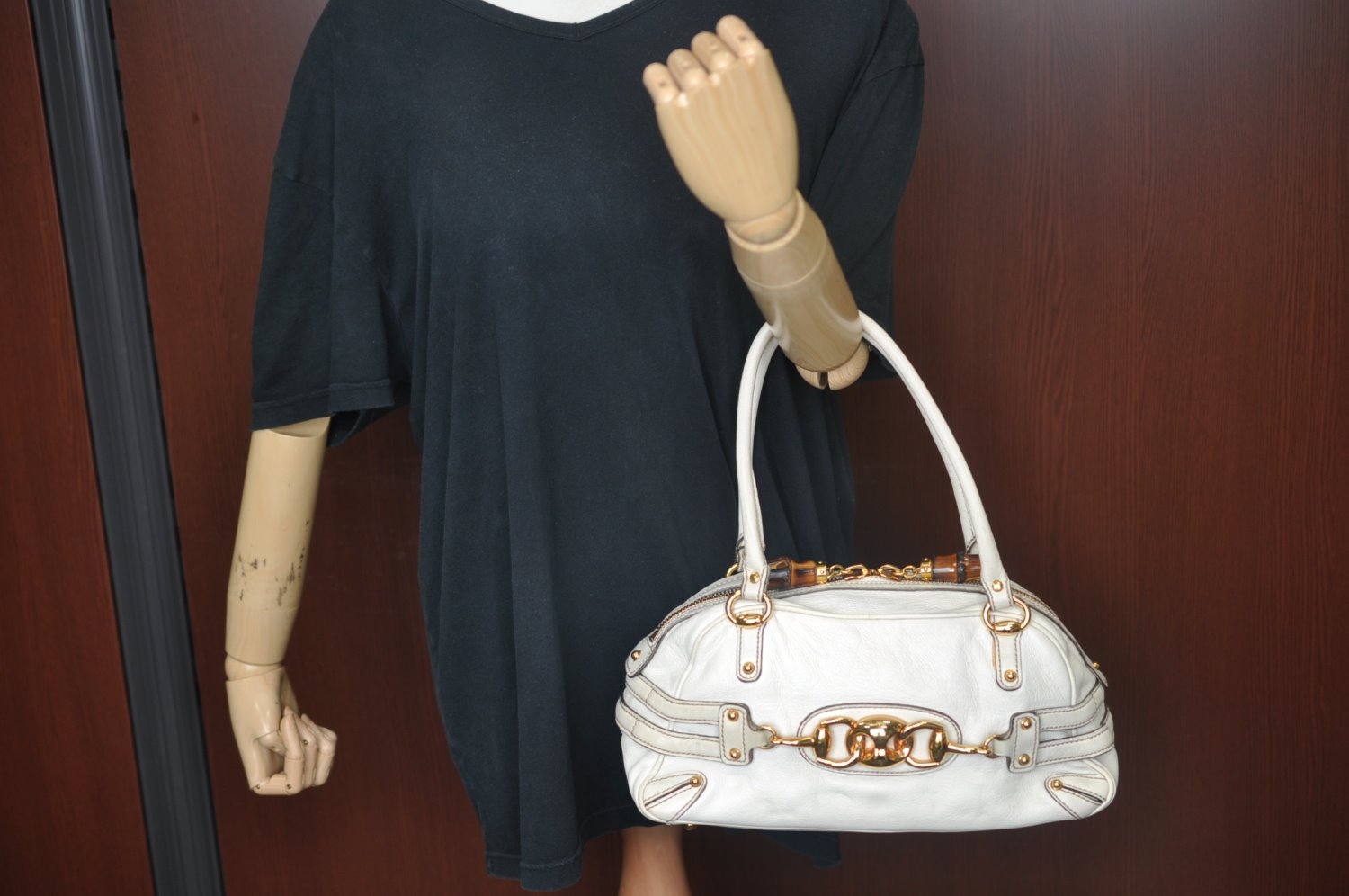 Authentic GUCCI Bamboo Horsebit Shoulder Hand Bag Leather 159399 White 7545I