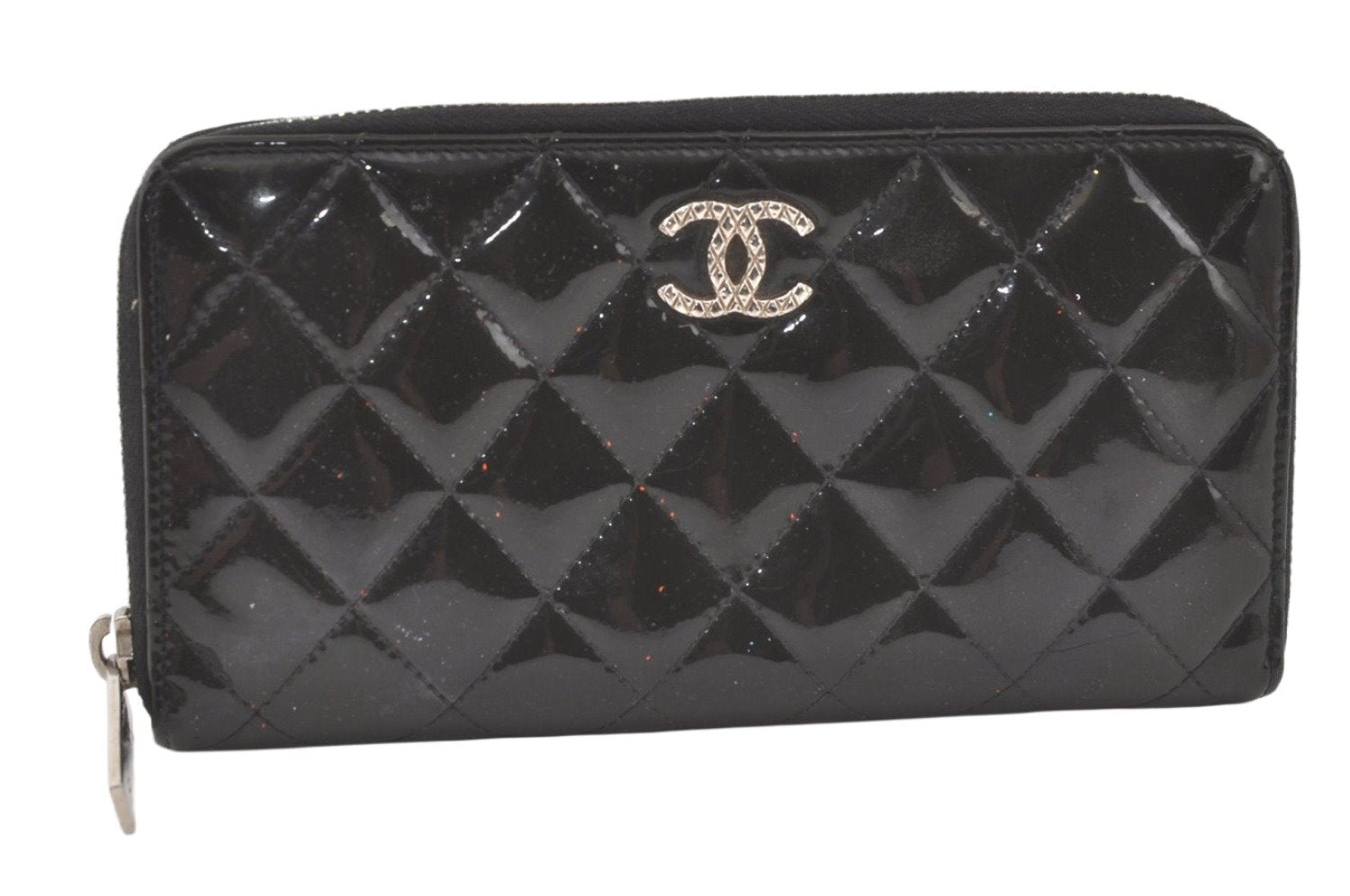 Authentic CHANEL Brilliant Enamel Matelasse Long Wallet Purse Black CC 7546K