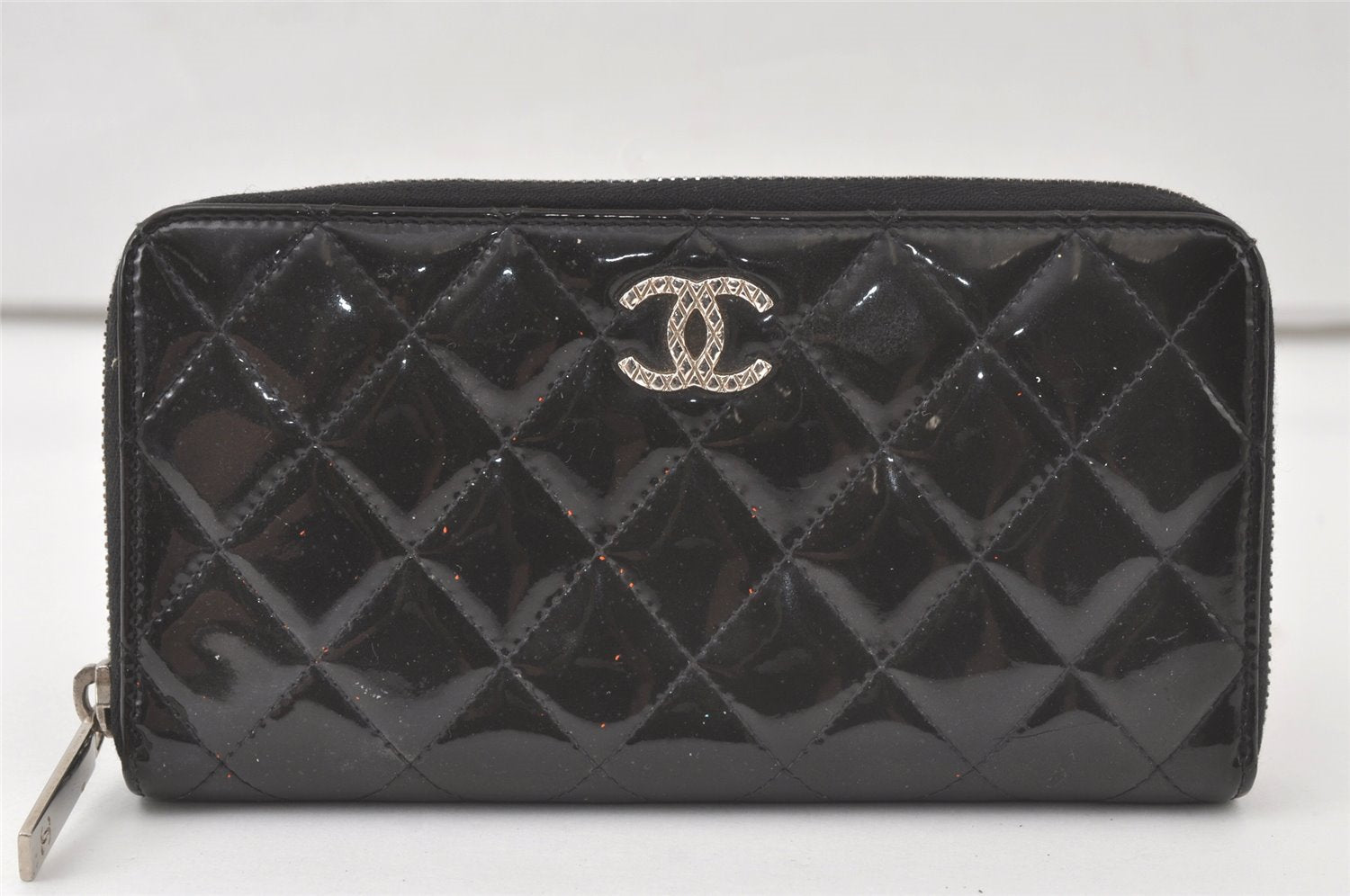 Authentic CHANEL Brilliant Enamel Matelasse Long Wallet Purse Black CC 7546K