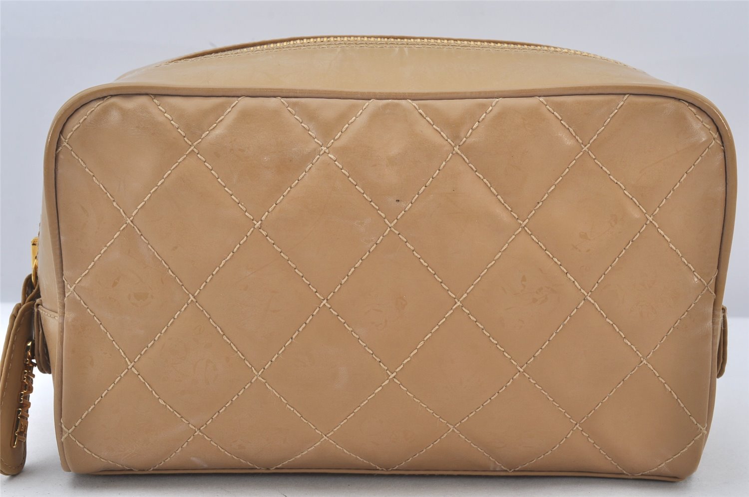 Authentic CHANEL Wild Stitch Matelasse Vintage Calf Skin Pouch Purse Beige 7547K