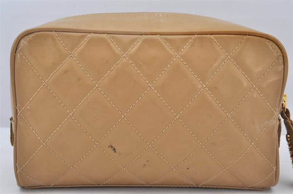 Authentic CHANEL Wild Stitch Matelasse Vintage Calf Skin Pouch Purse Beige 7547K