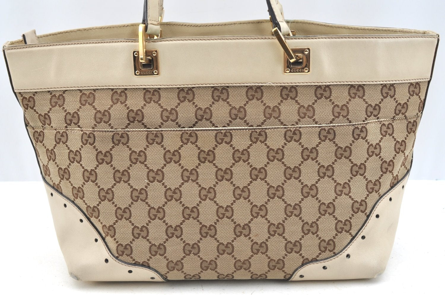 Authentic GUCCI GG Canvas Leather Shoulder Tote Bag Purse 145993 Brown 7550G