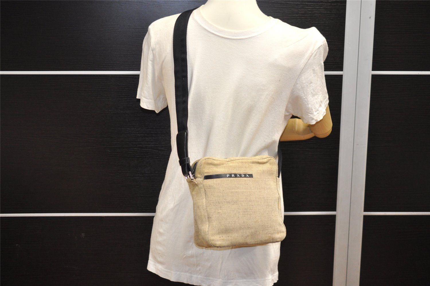 Authentic PRADA CANAPA SPORT Canvas Leather Shoulder Bag B8962 Beige Junk 7555I