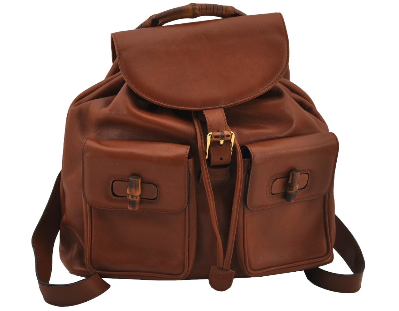 Authentic GUCCI Vintage Bamboo Drawstring Backpack Leather Brown 7555J