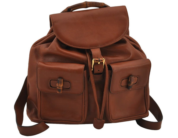Authentic GUCCI Vintage Bamboo Drawstring Backpack Leather Brown 7555J