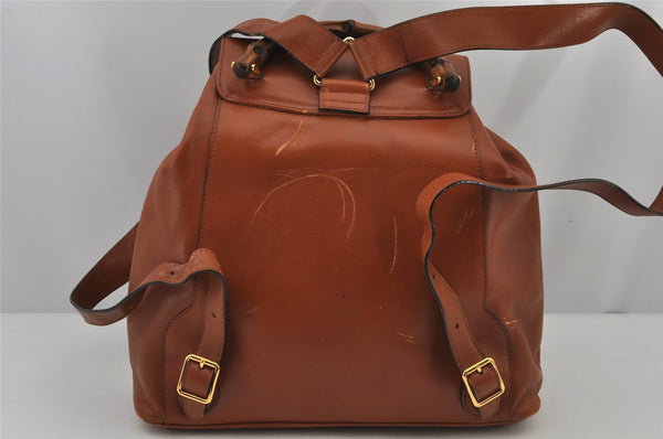 Authentic GUCCI Vintage Bamboo Drawstring Backpack Leather Brown 7555J