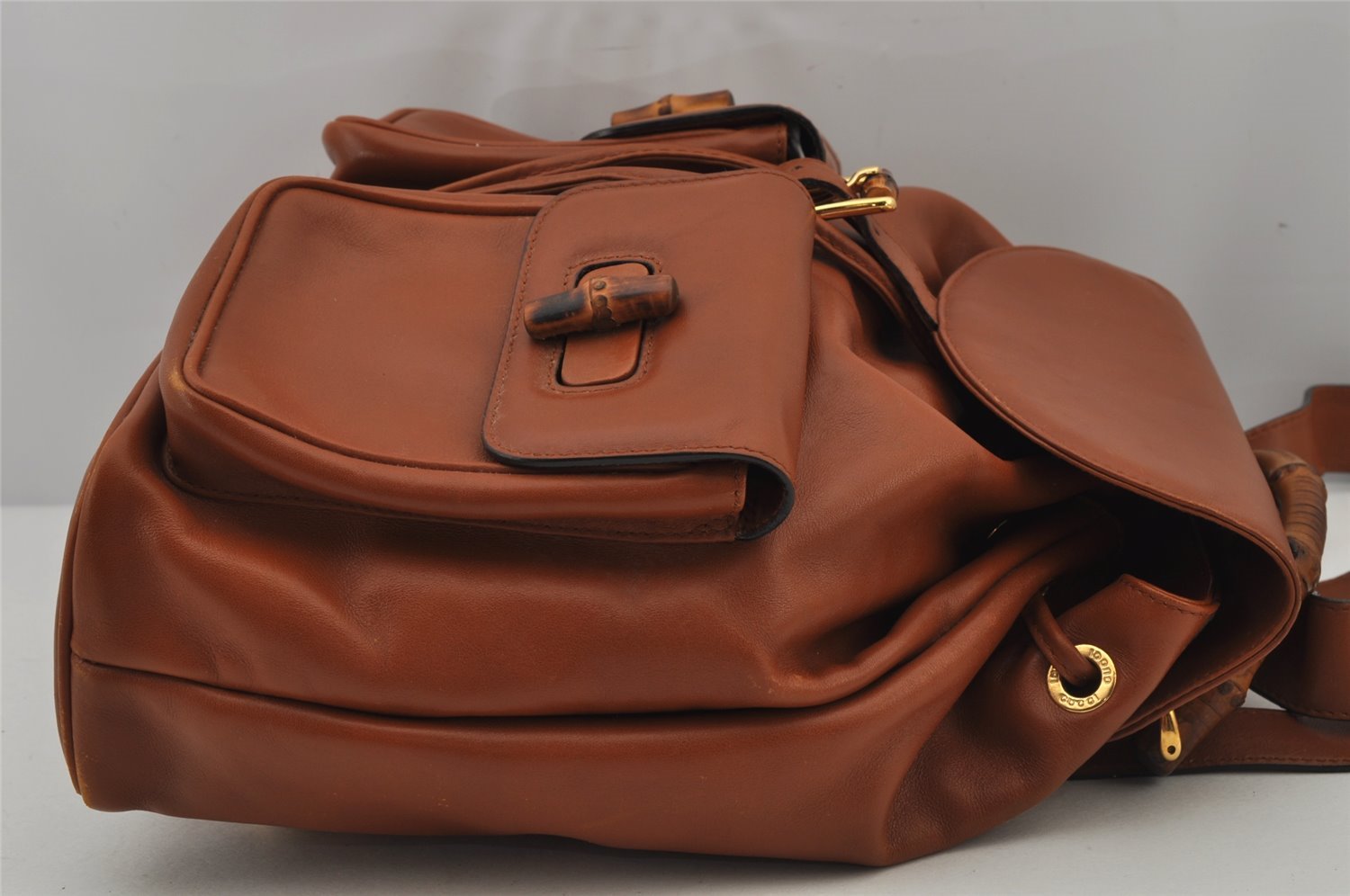 Authentic GUCCI Vintage Bamboo Drawstring Backpack Leather Brown 7555J