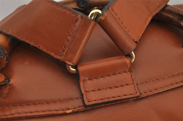 Authentic GUCCI Vintage Bamboo Drawstring Backpack Leather Brown 7555J