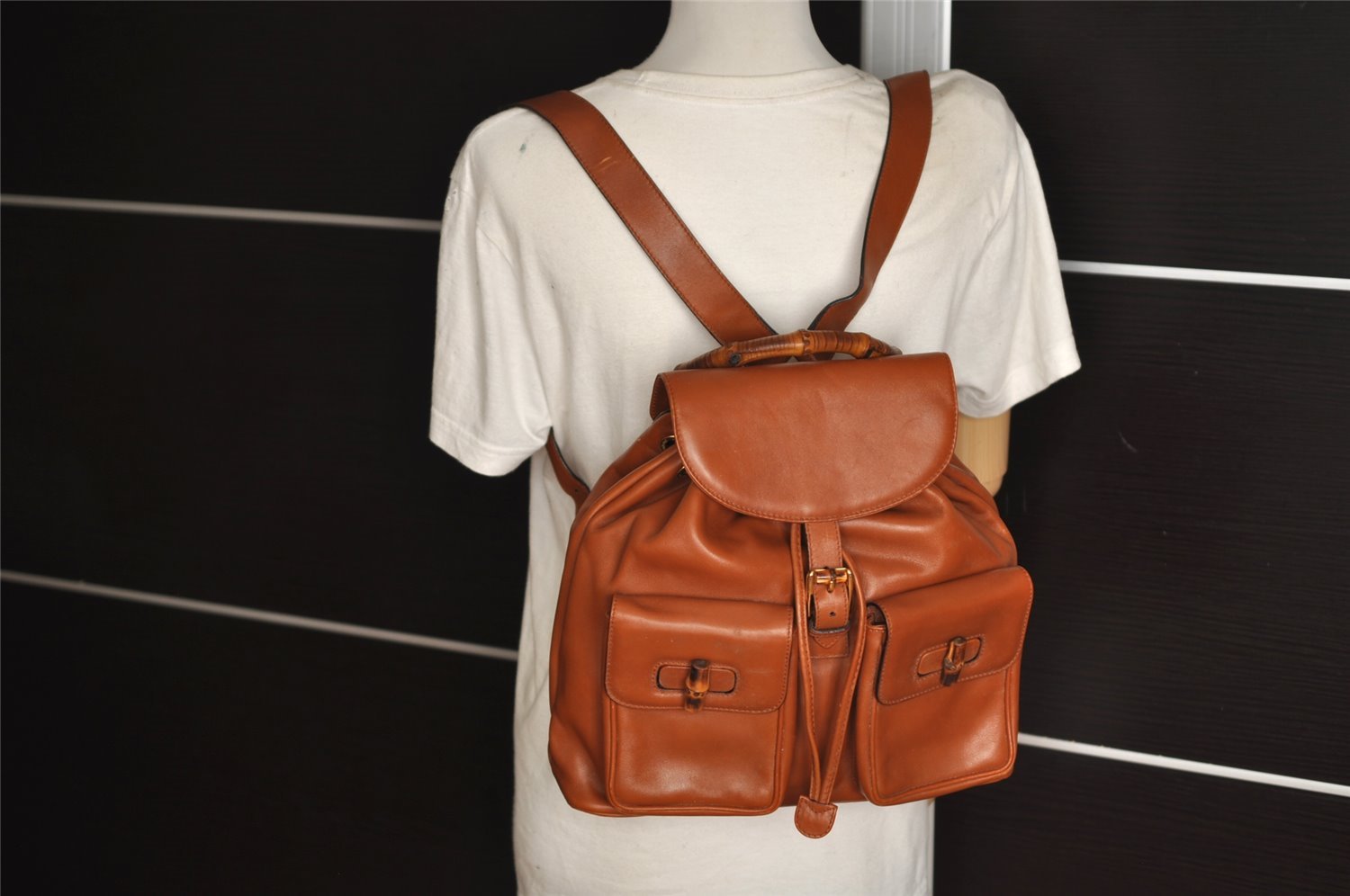 Authentic GUCCI Vintage Bamboo Drawstring Backpack Leather Brown 7555J