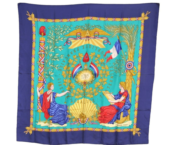 Authentic HERMES Carre 90 Scarf "1789 LIBERTE EGALITE" Silk Navy 7559I