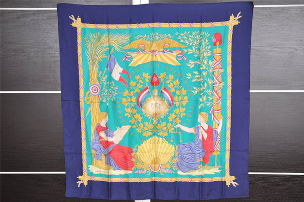 Authentic HERMES Carre 90 Scarf "1789 LIBERTE EGALITE" Silk Navy 7559I