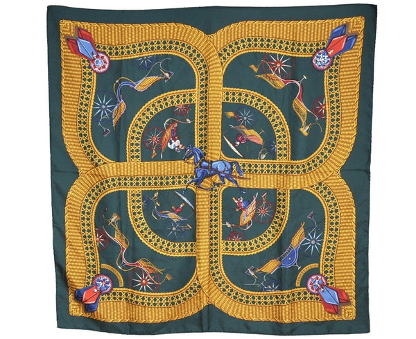 Authentic HERMES Carre 90 Scarf "VOITURES PANIERS" Silk Green 7560I