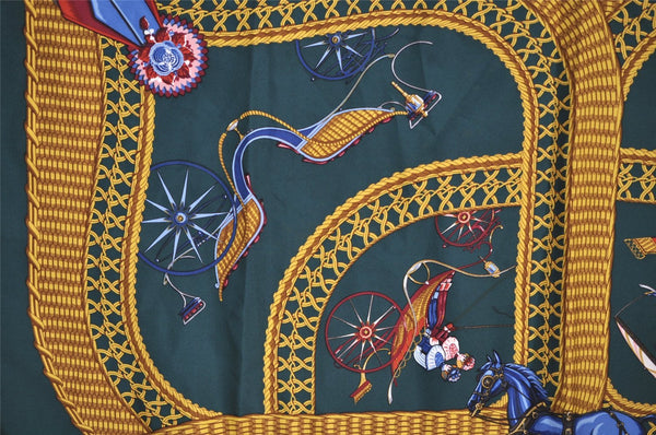 Authentic HERMES Carre 90 Scarf "VOITURES PANIERS" Silk Green 7560I