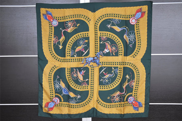 Authentic HERMES Carre 90 Scarf "VOITURES PANIERS" Silk Green 7560I