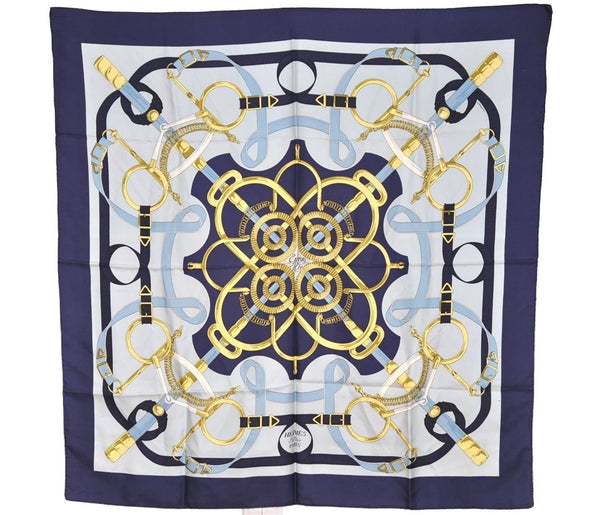 Authentic HERMES Carre 90 Scarf "Eperon d'or" Silk Navy Blue 7561I