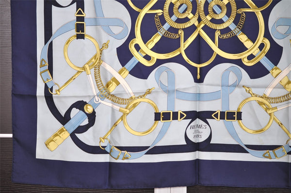 Authentic HERMES Carre 90 Scarf "Eperon d'or" Silk Navy Blue 7561I