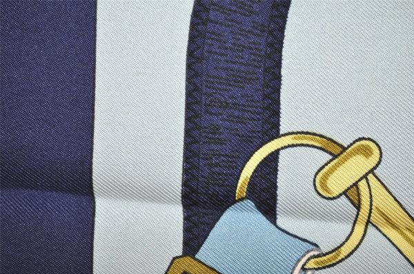 Authentic HERMES Carre 90 Scarf "Eperon d'or" Silk Navy Blue 7561I