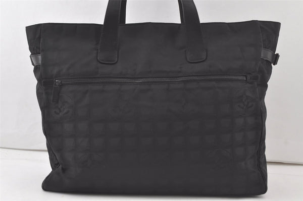 Authentic CHANEL New Travel Line Shoulder Tote Bag Nylon Leather Black 7568K