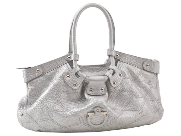 Authentic Salvatore Ferragamo Gancini Leather Shoulder Tote Bag Silver SF 7569K