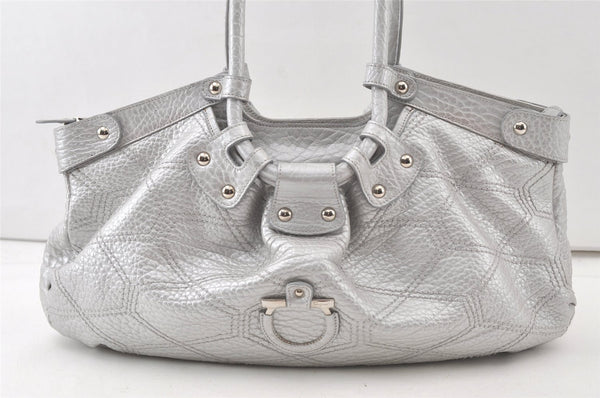 Authentic Salvatore Ferragamo Gancini Leather Shoulder Tote Bag Silver SF 7569K