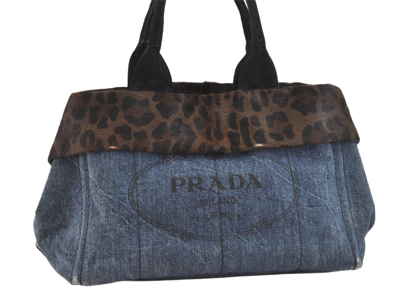 Authentic PRADA Canapa M Denim Unborn Calf Leather Tote Hand Bag Blue 7574K