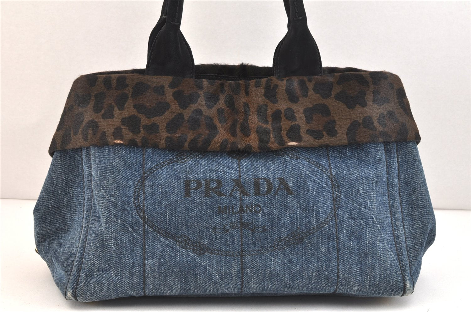 Authentic PRADA Canapa M Denim Unborn Calf Leather Tote Hand Bag Blue 7574K