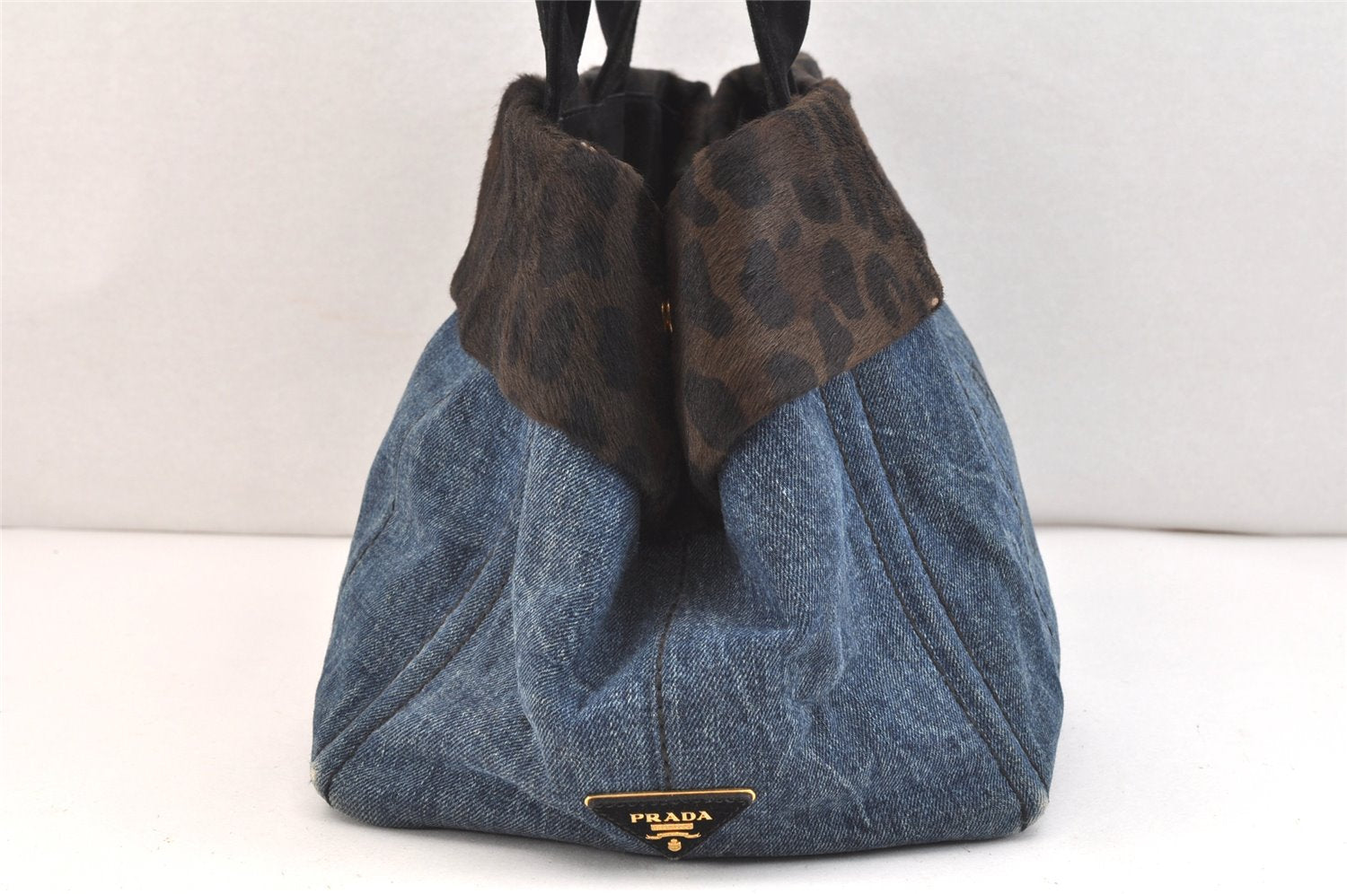 Authentic PRADA Canapa M Denim Unborn Calf Leather Tote Hand Bag Blue 7574K