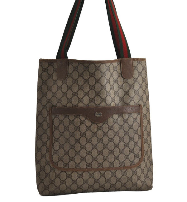 Authentic GUCCI Web Sherry Line Shoulder Tote Bag GG PVC Leather Brown 7577J