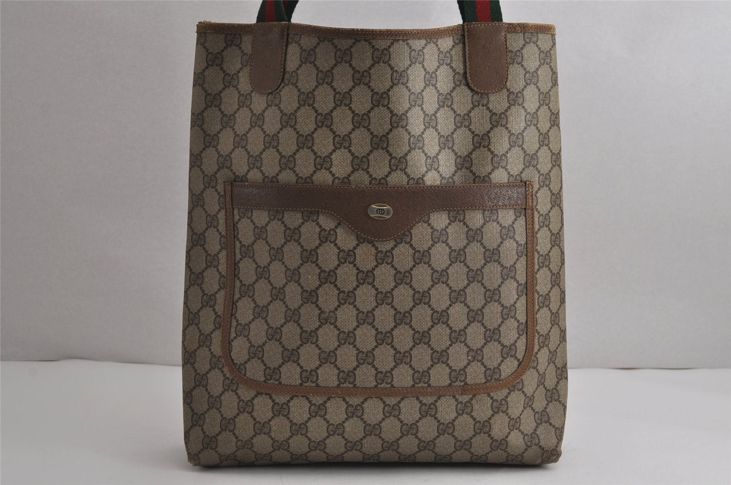 Authentic GUCCI Web Sherry Line Shoulder Tote Bag GG PVC Leather Brown 7577J