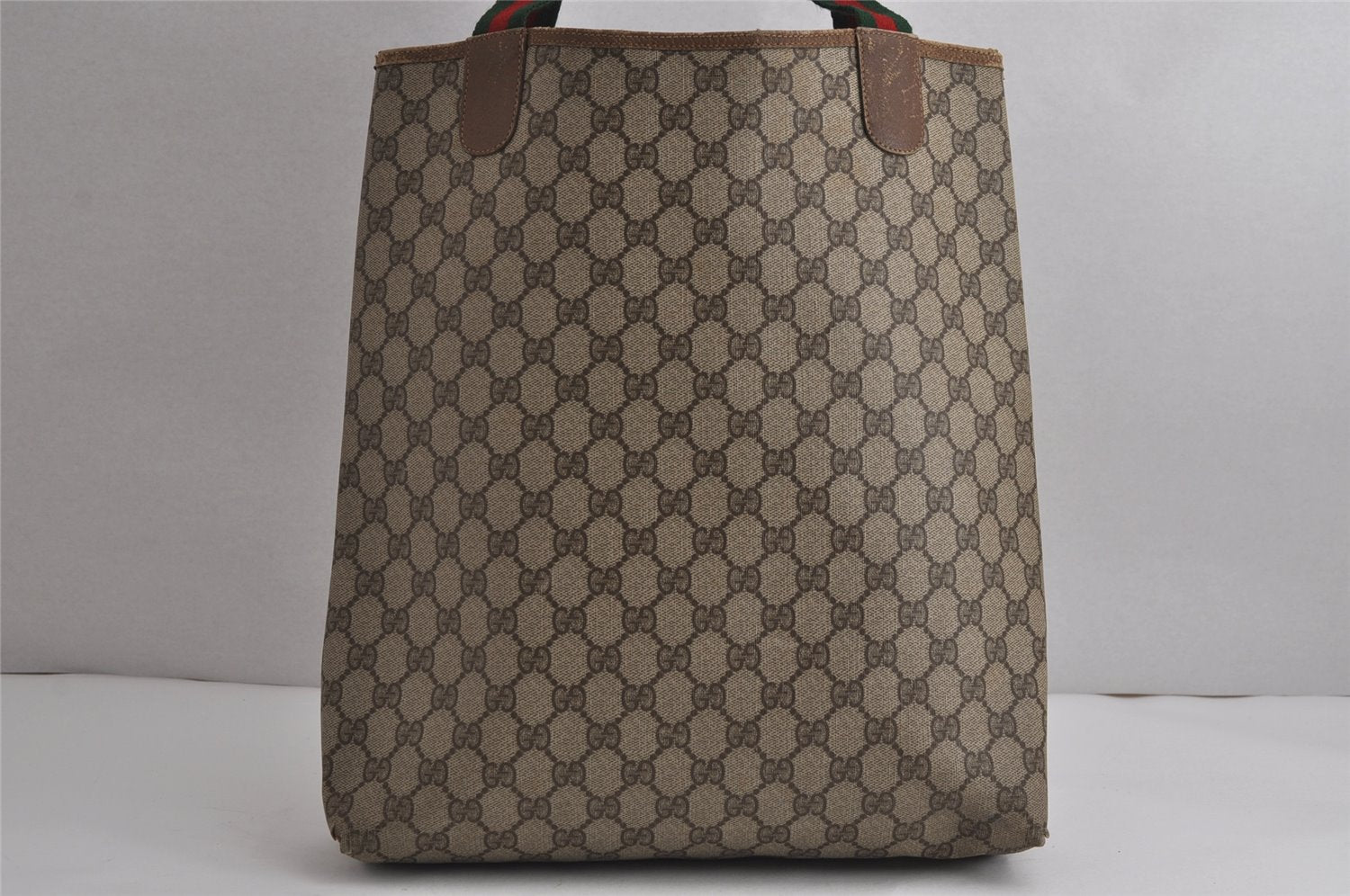 Authentic GUCCI Web Sherry Line Shoulder Tote Bag GG PVC Leather Brown 7577J