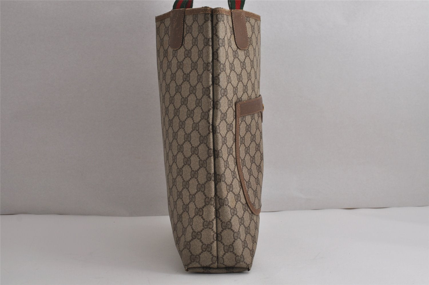 Authentic GUCCI Web Sherry Line Shoulder Tote Bag GG PVC Leather Brown 7577J