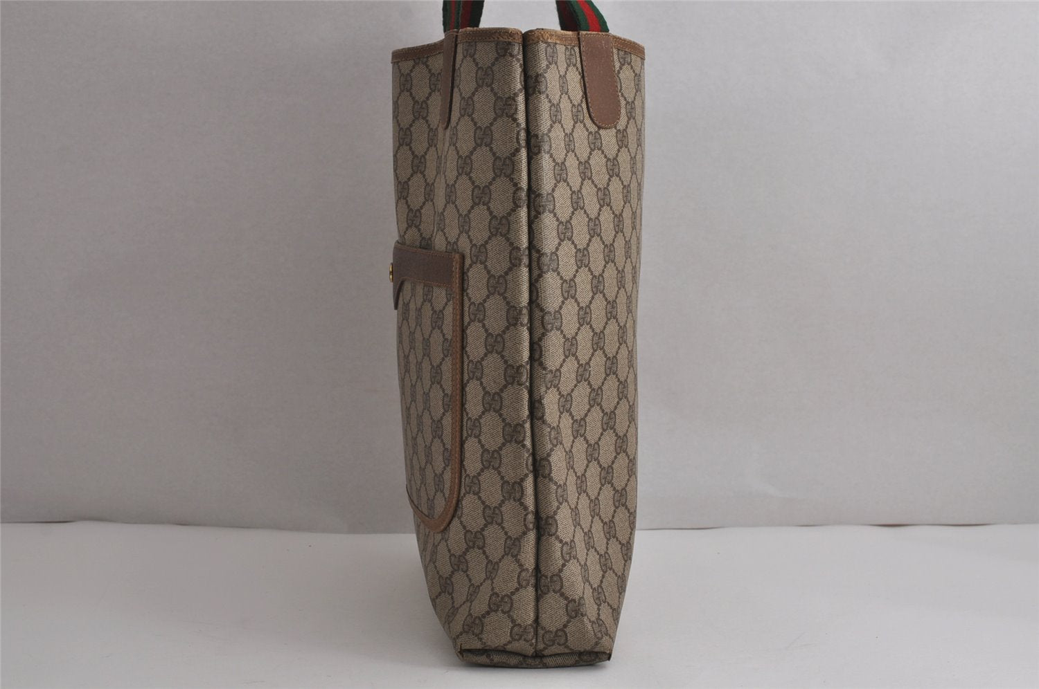 Authentic GUCCI Web Sherry Line Shoulder Tote Bag GG PVC Leather Brown 7577J
