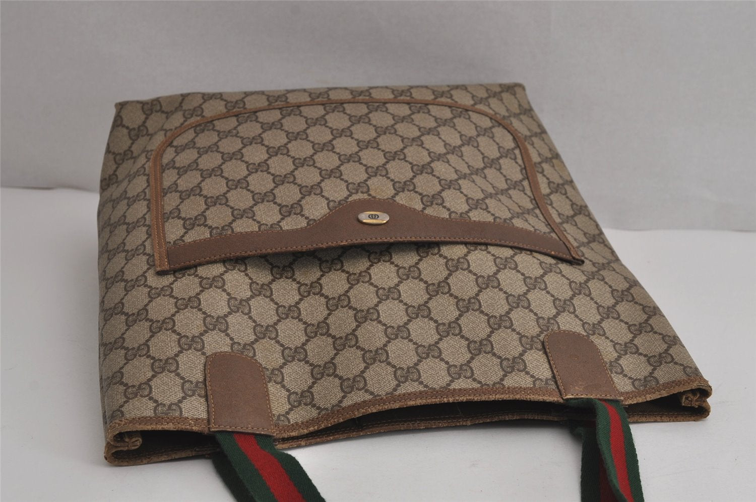 Authentic GUCCI Web Sherry Line Shoulder Tote Bag GG PVC Leather Brown 7577J