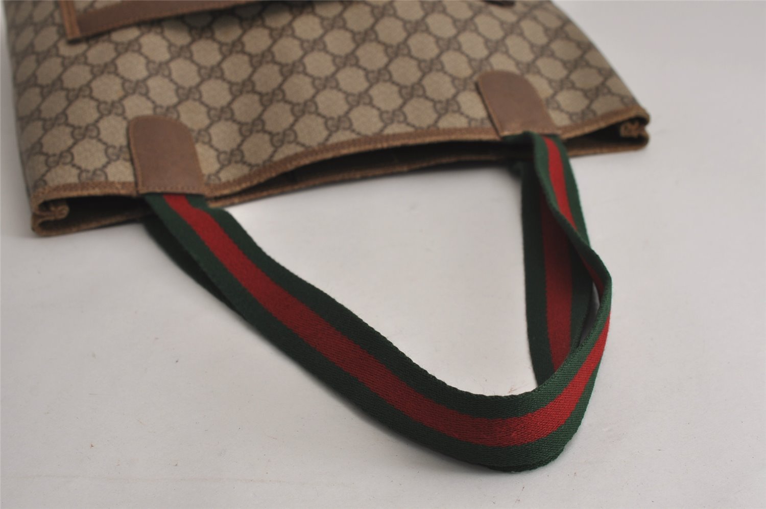 Authentic GUCCI Web Sherry Line Shoulder Tote Bag GG PVC Leather Brown 7577J