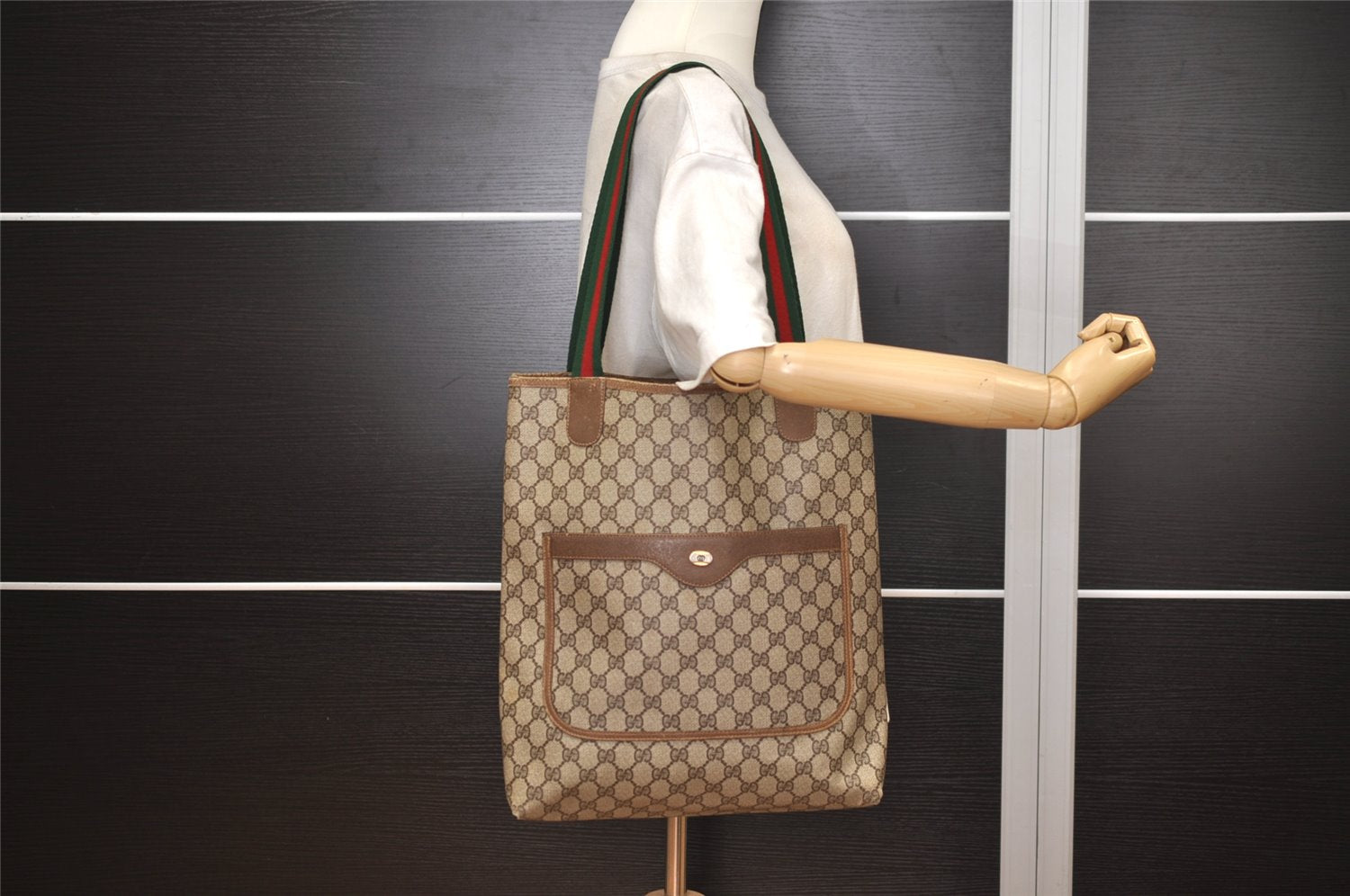 Authentic GUCCI Web Sherry Line Shoulder Tote Bag GG PVC Leather Brown 7577J