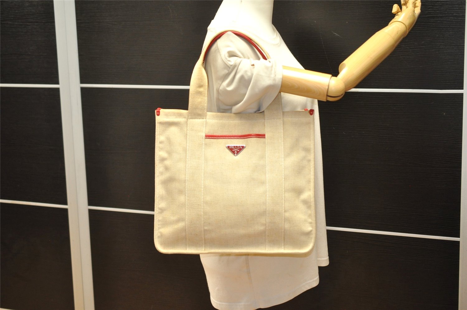 Authentic PRADA Vintage Canvas Shoulder Tote Bag Beige 7583K