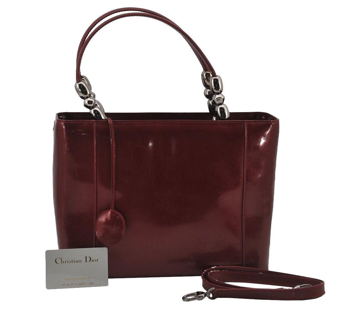 Authentic Christian Dior Maris Pearl 2Way Shoulder Tote Bag Enamel Red 7586J