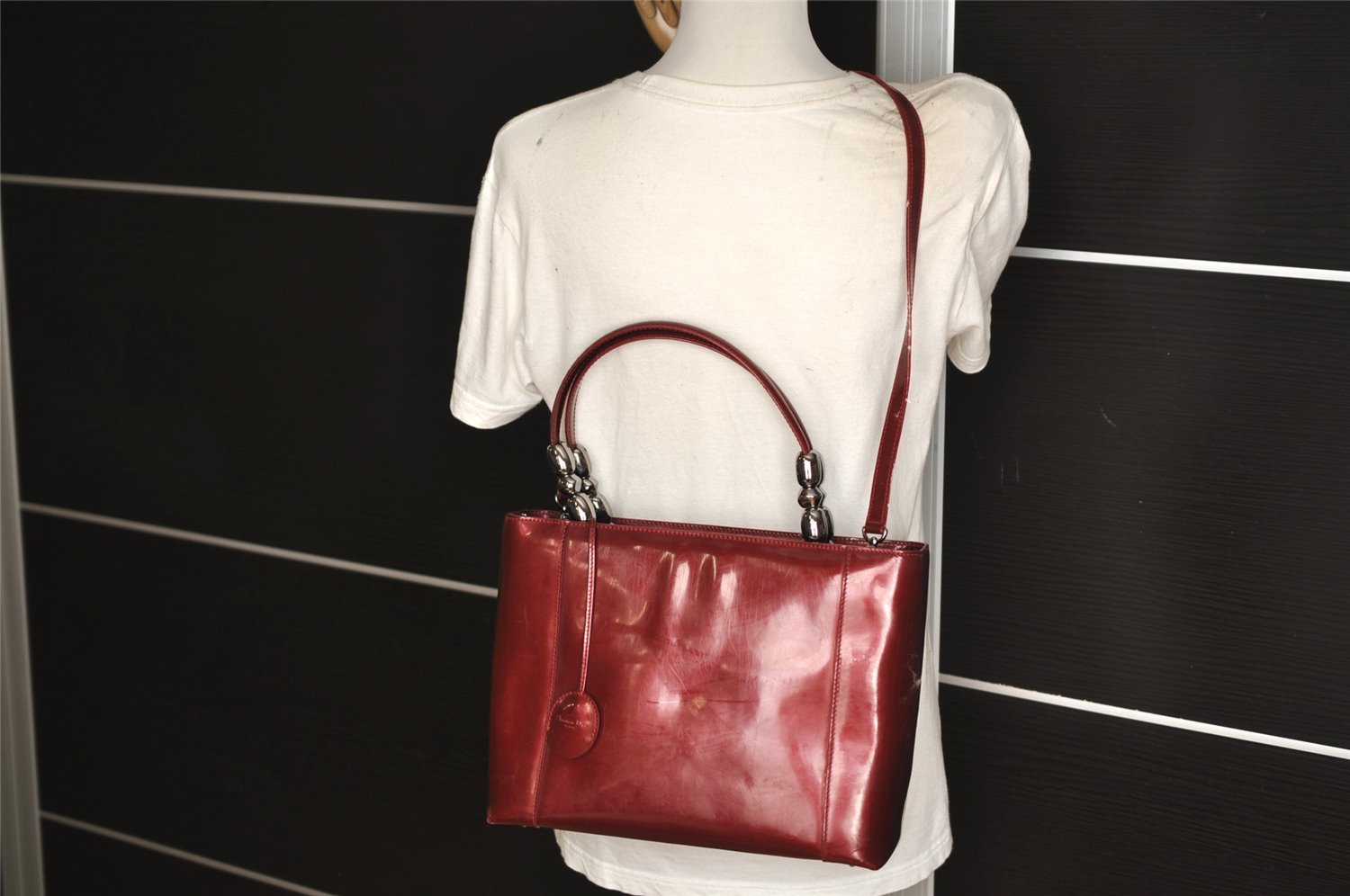 Authentic Christian Dior Maris Pearl 2Way Shoulder Tote Bag Enamel Red 7586J