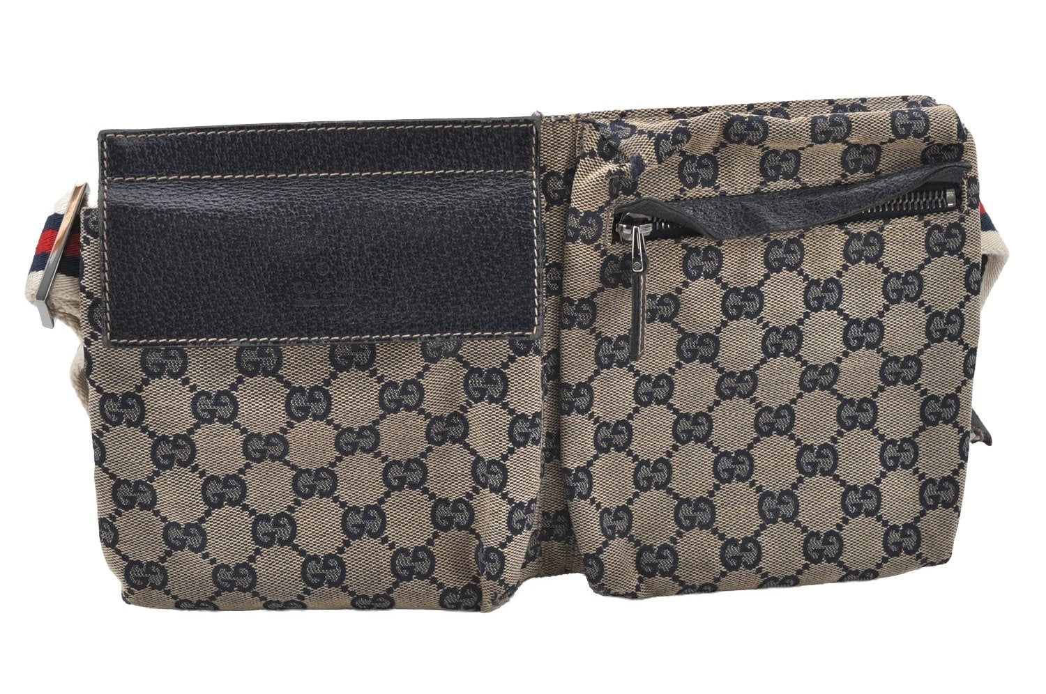 Authentic GUCCI Sherry Line Waist Bag GG Canvas Leather 28566 Navy Blue 7588I