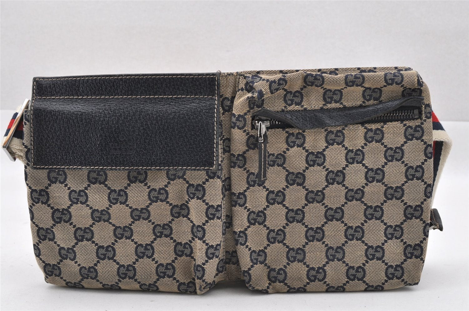 Authentic GUCCI Sherry Line Waist Bag GG Canvas Leather 28566 Navy Blue 7588I